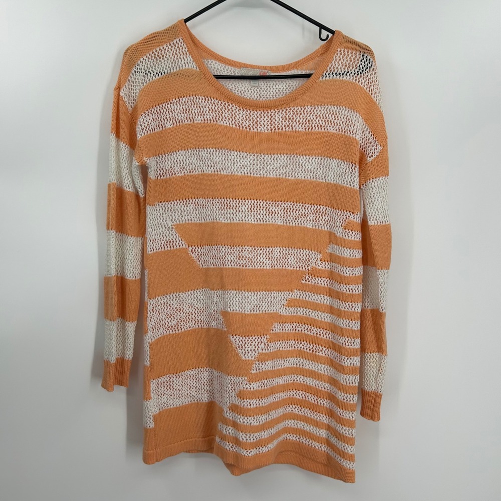 GB Womens Orange White Striped Open Knit Tunic Sweater Size M Long Sleeve Scoop